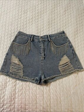 Blue Distressed Denim Shorts with Rhinestone Fringe